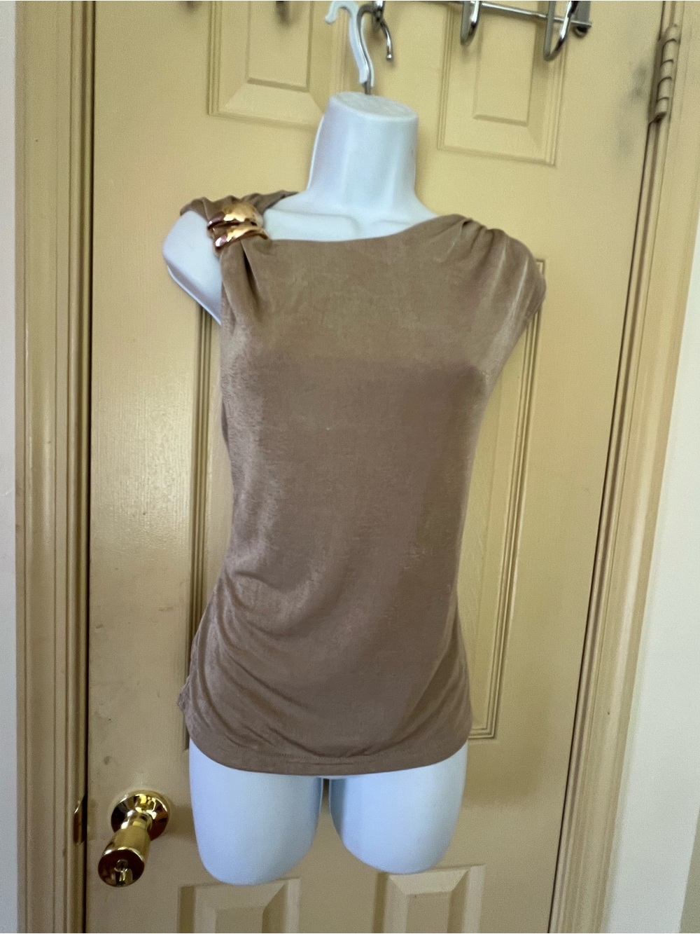 Sculpted Taupe Tank with Gold Shoulder Detail